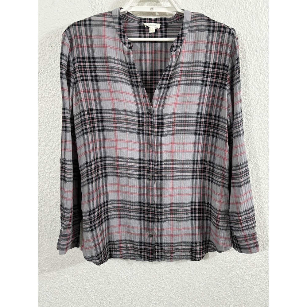 Soft Joie Shirt Womens Small Gray Black Pink Plaid Button Front Long Sleeve